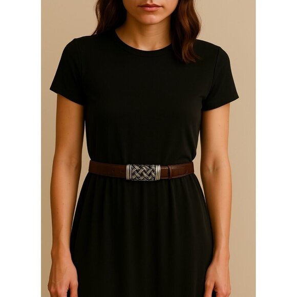 Vintage 80s Vicenza Woman’s 44 Belt Brawn Italian Genuine Calfskin Buckle Skinny - Picture 10 of 10